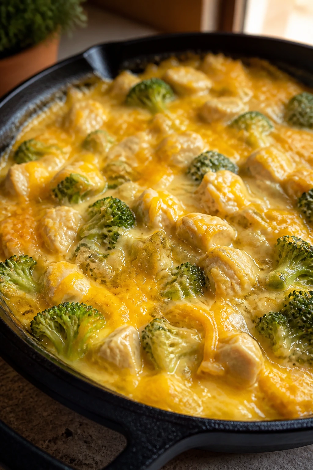 Close-up of creamy cheese sauce with broccoli and onion in a cast-iron skillet