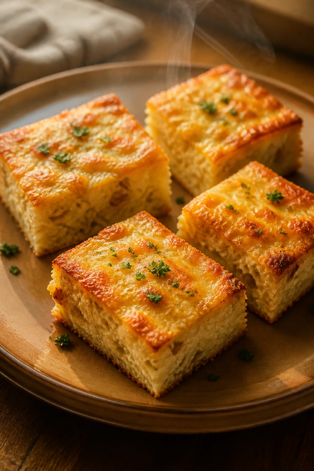 Neatly cut cheesy bake squares plated warmly in a cozy kitchen