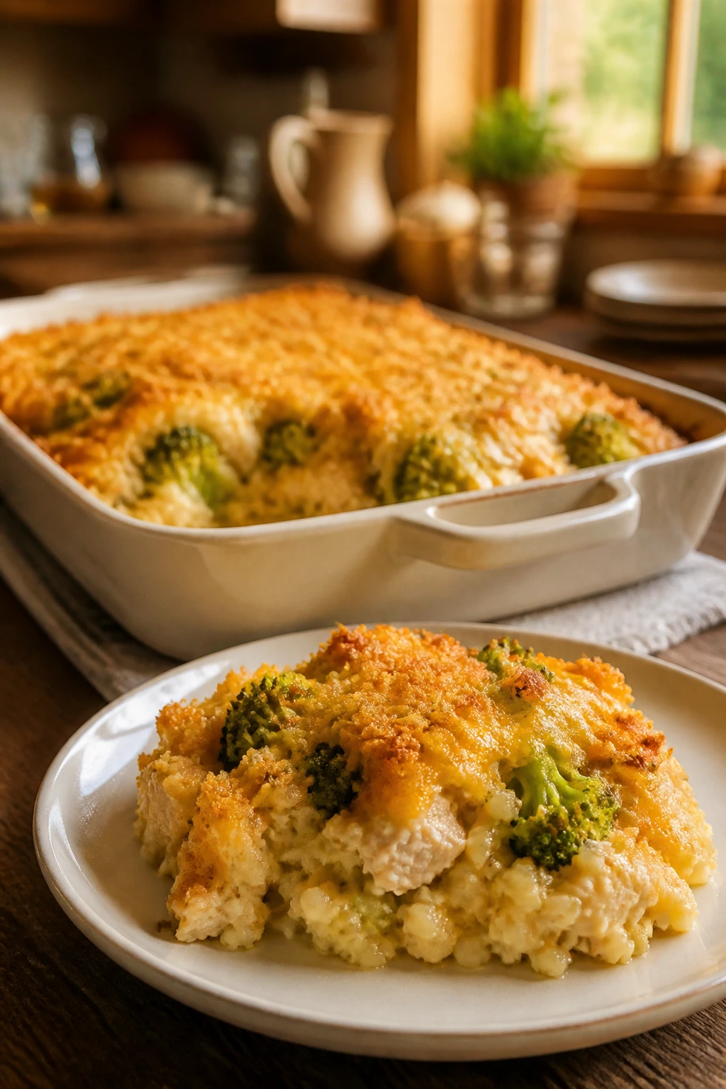 Close-up of cheesy chicken and broccoli rice bake in a warm home kitchen