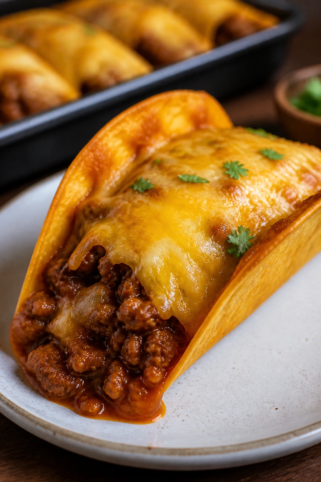 Close-up of a cheesy baked beef taco with melted cheese on a plate