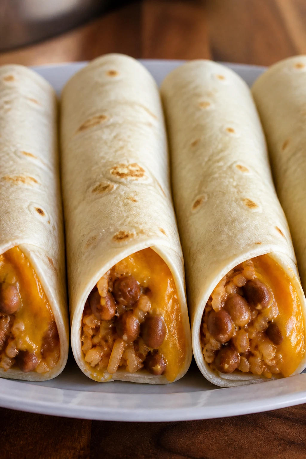 Close-up of burritos on a plate showing cheese and fillings