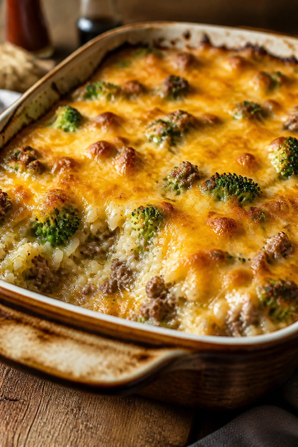 Cheesy beef broccoli rice bake with golden top