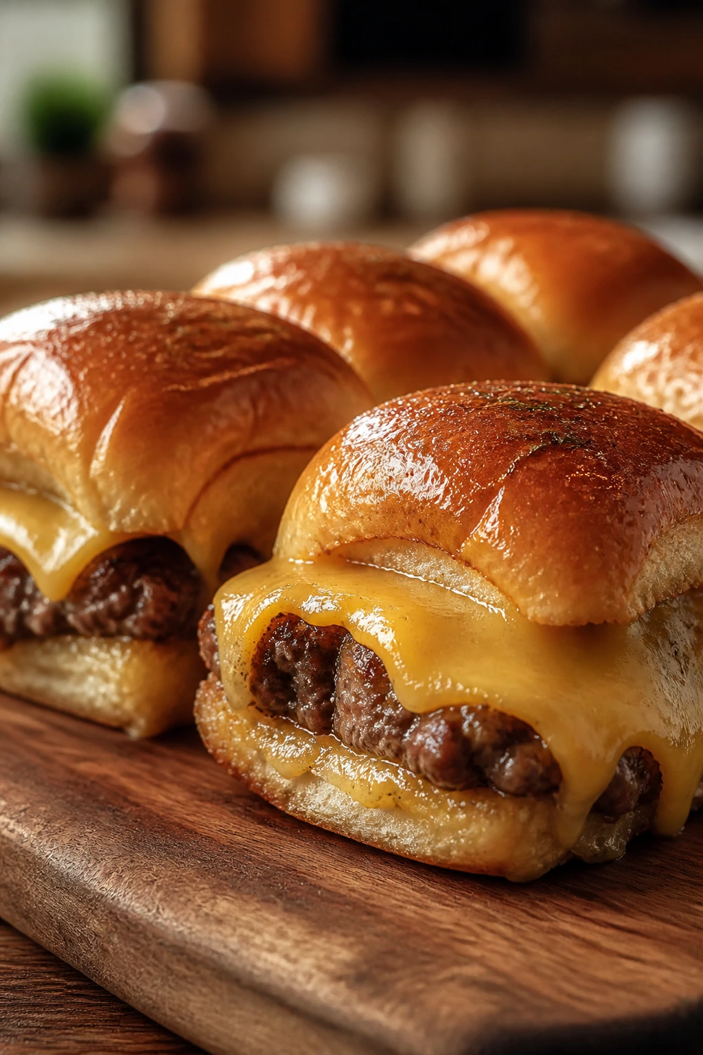 Close-up of cheese-melted beef sliders on a wooden board