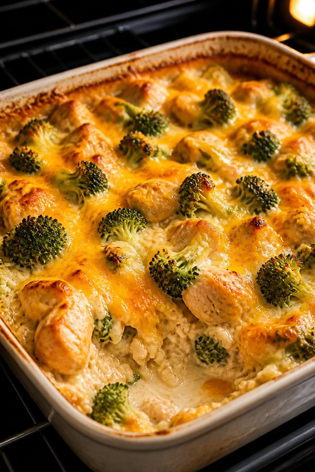 Bubbling cheesy broccoli chicken bake in a baking dish