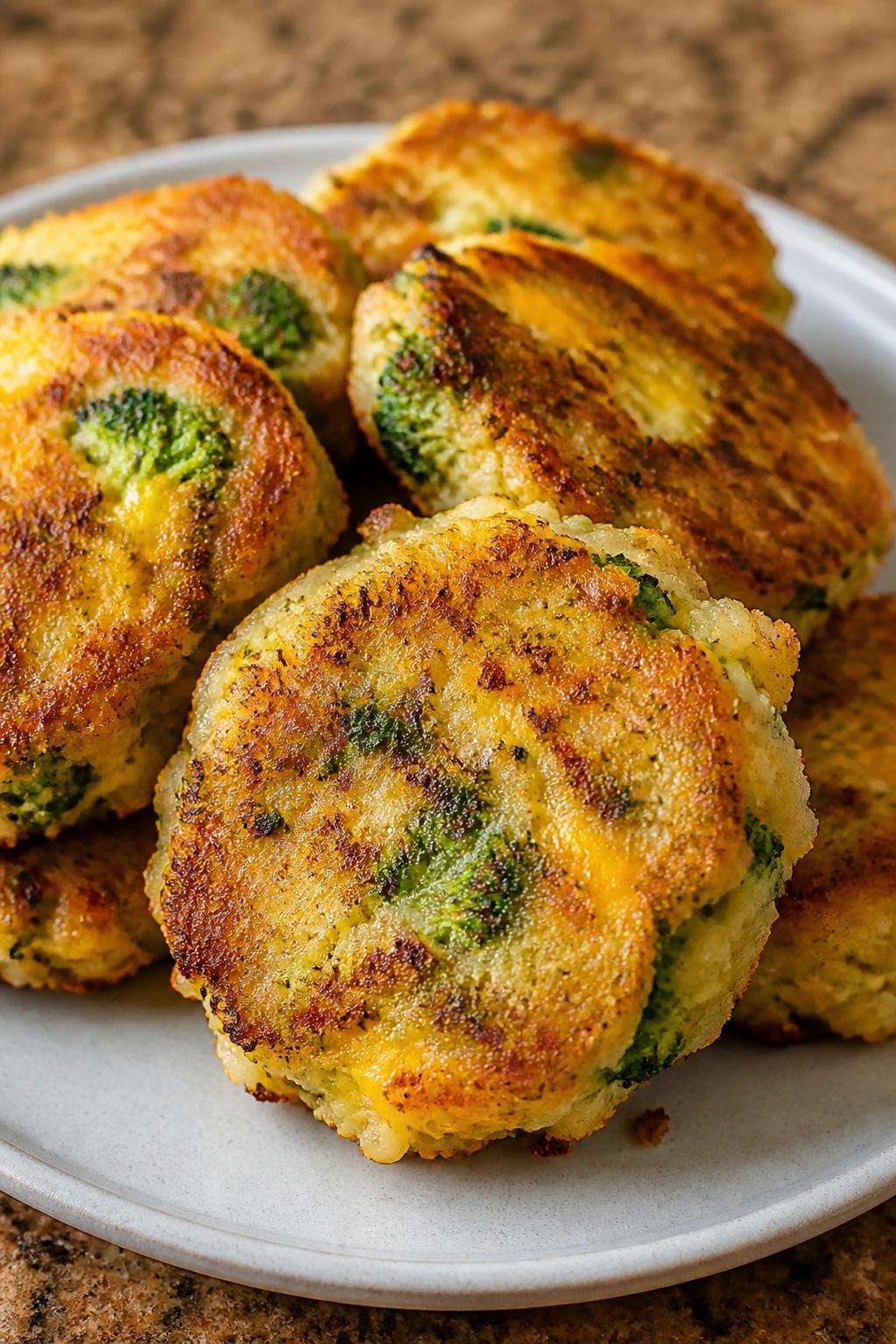 Close-up of Cheesy Broccoli Rice Fritters on a plate