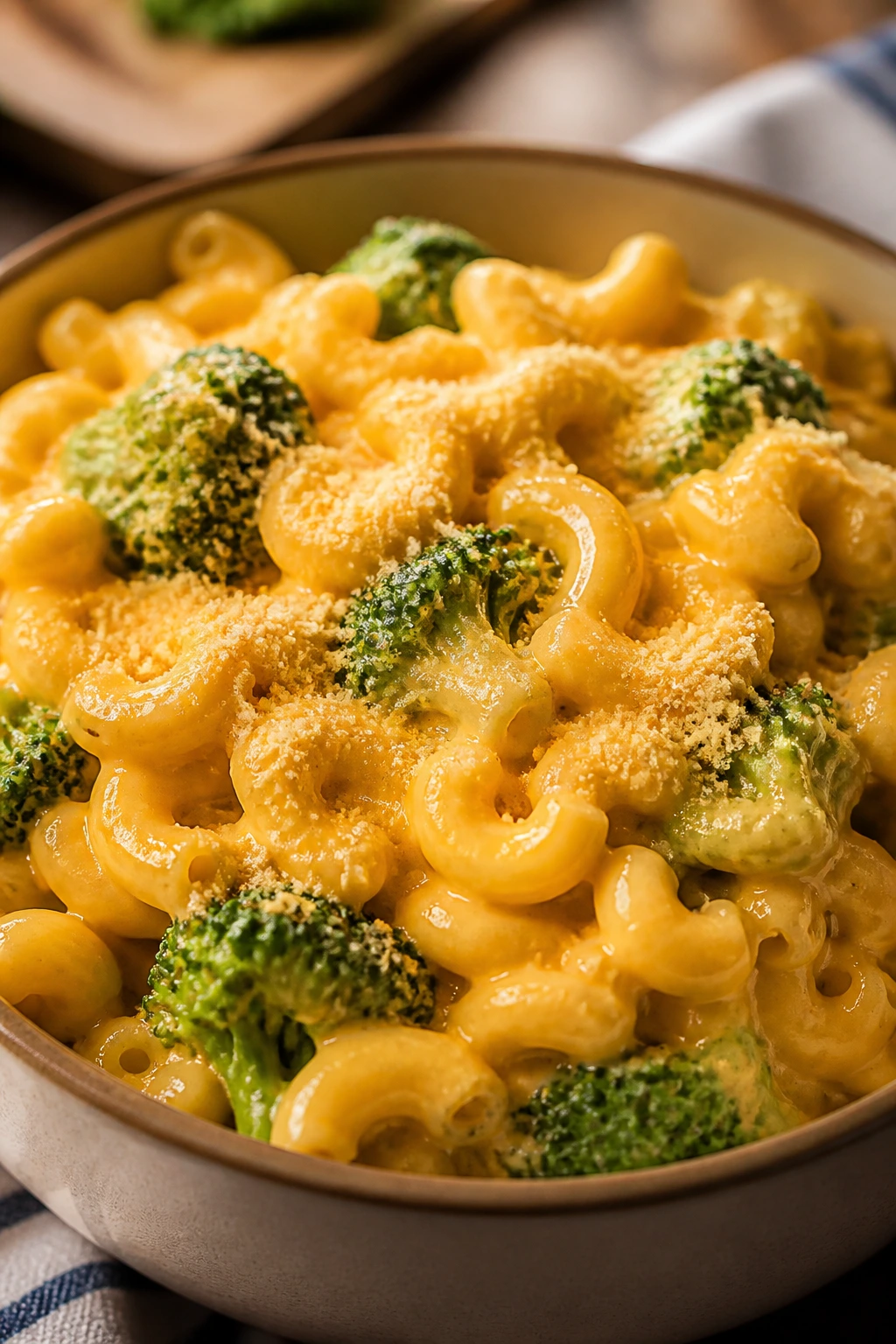 Mac and cheese with broccoli florets in a creamy sauce