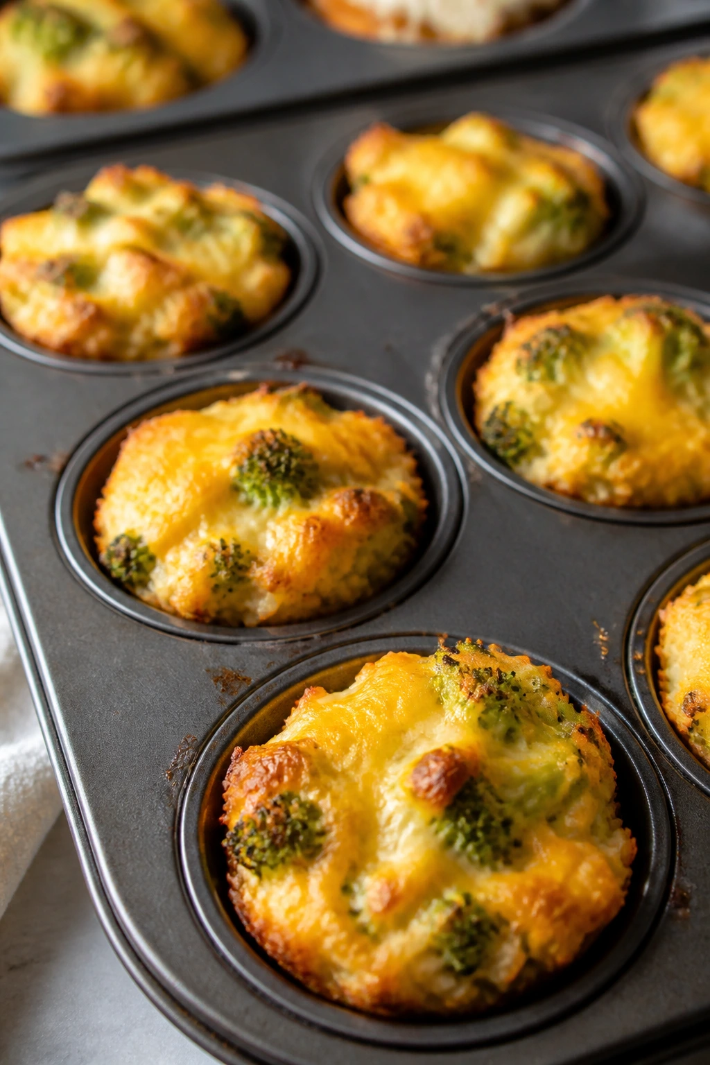Golden broccoli cheddar rice cups in a muffin tin on a bright kitchen counter