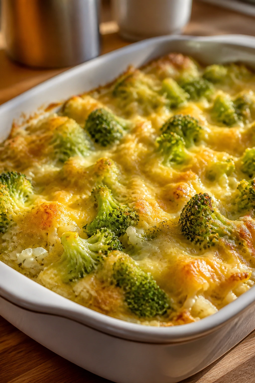 Cheesy broccoli rice casserole in a baking dish
