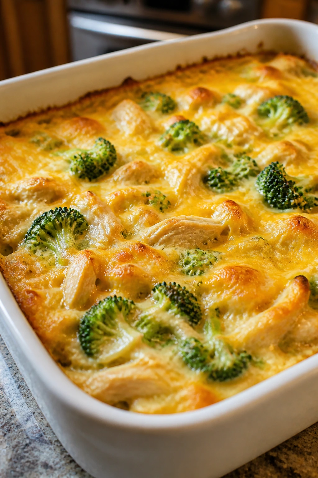 Creamy chicken broccoli bake in a baking dish on kitchen counter