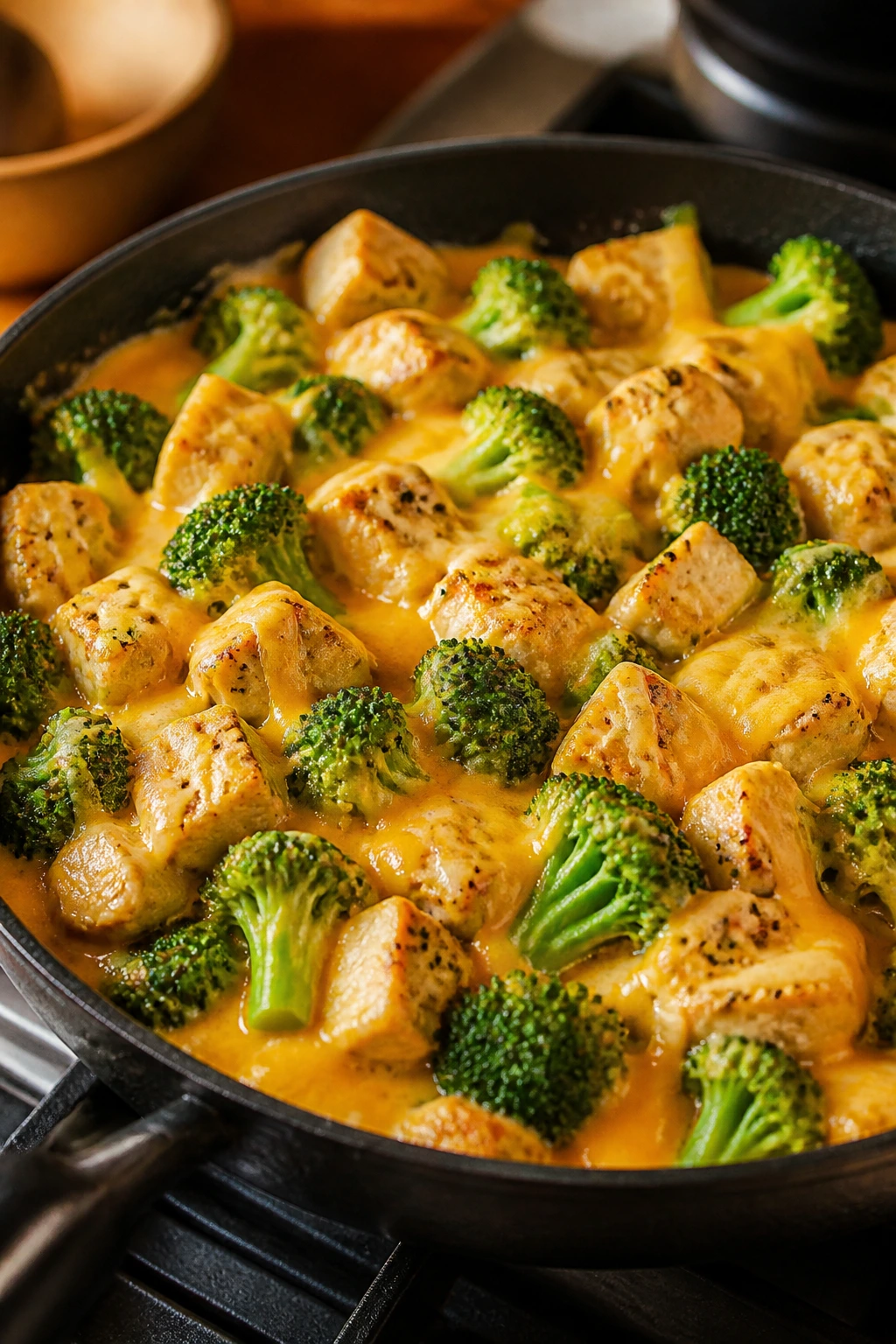 Skillet with cheesy chicken and broccoli in a kitchen