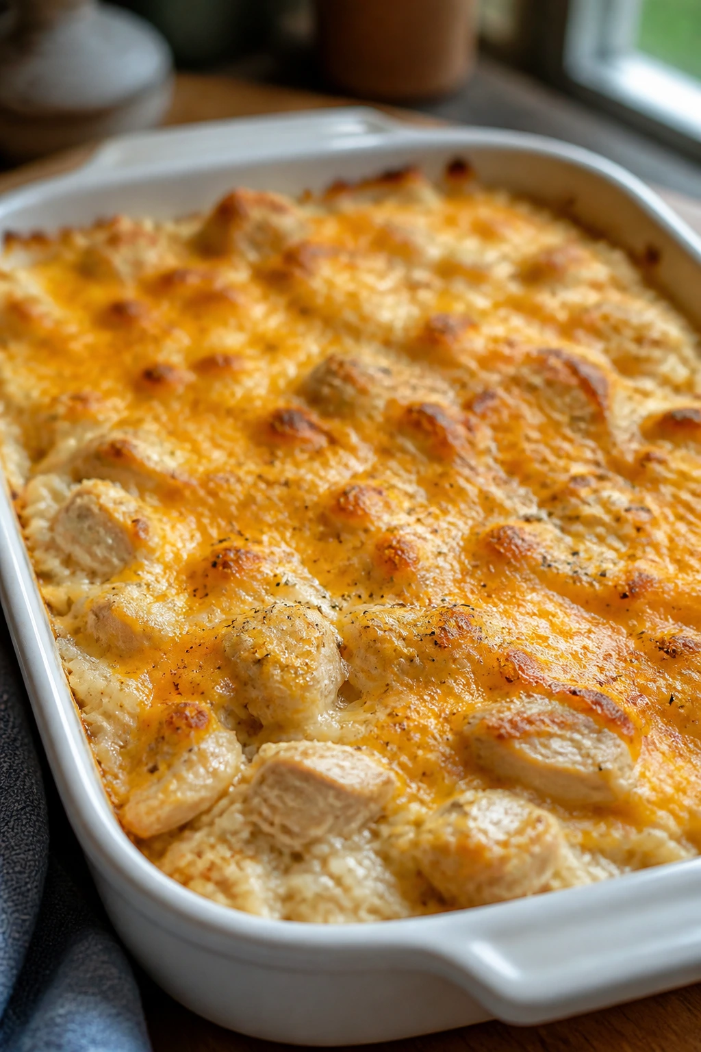 Creamy chicken and rice casserole in a 9x13 baking dish with cheddar topping