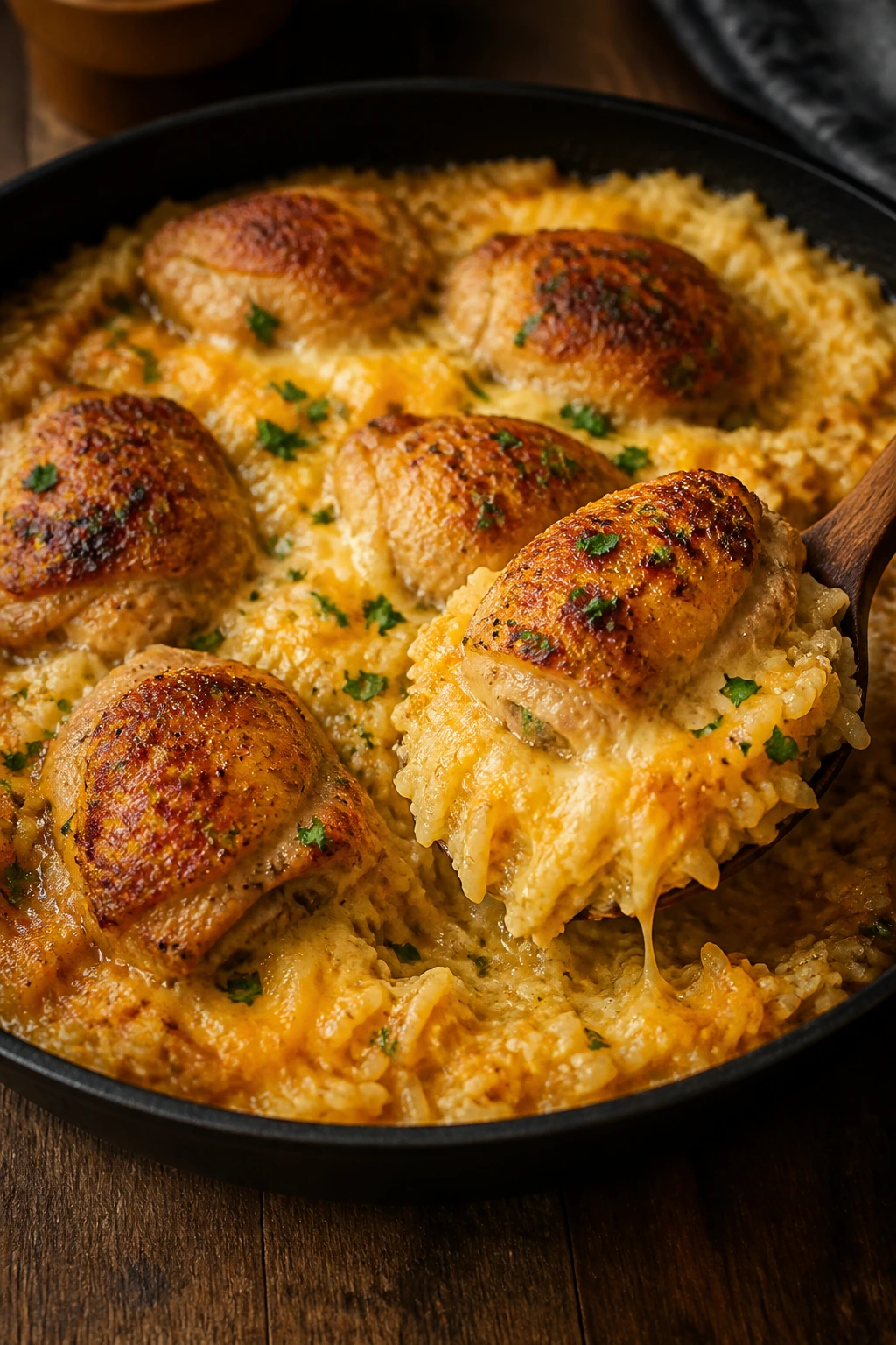 Close-up of a cheesy chicken and rice skillet with browned chicken and glossy cheese on a rustic table