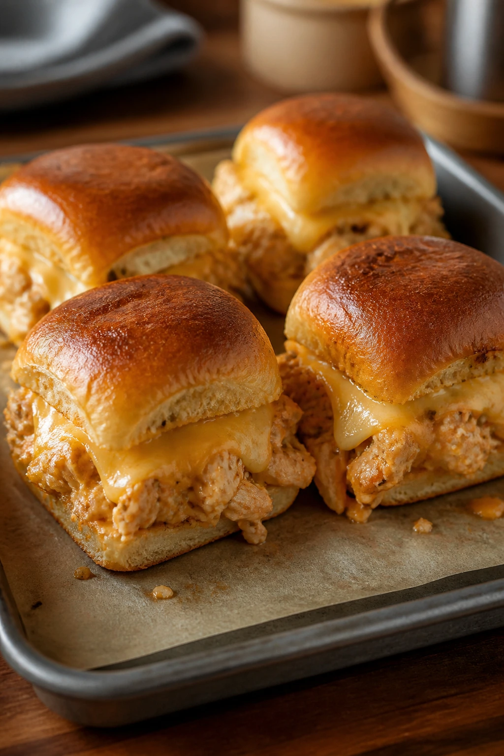 Close-up of cheesy chicken sliders with melted cheese