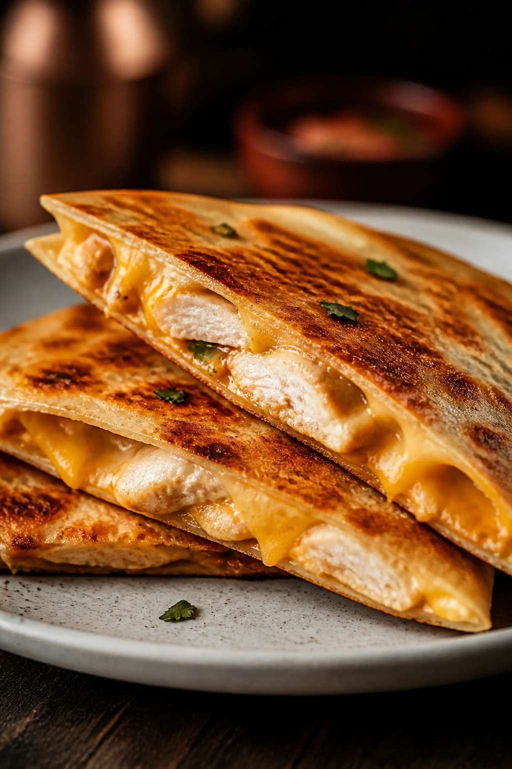 Close-up of cheesy chicken tender quesadilla wedge