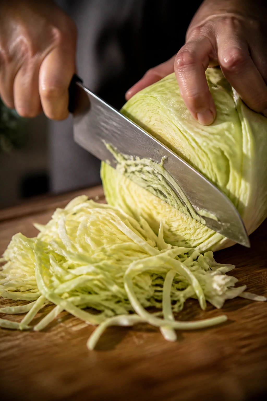 Close-up of a sharp chef knife on a cutting board with cabbage