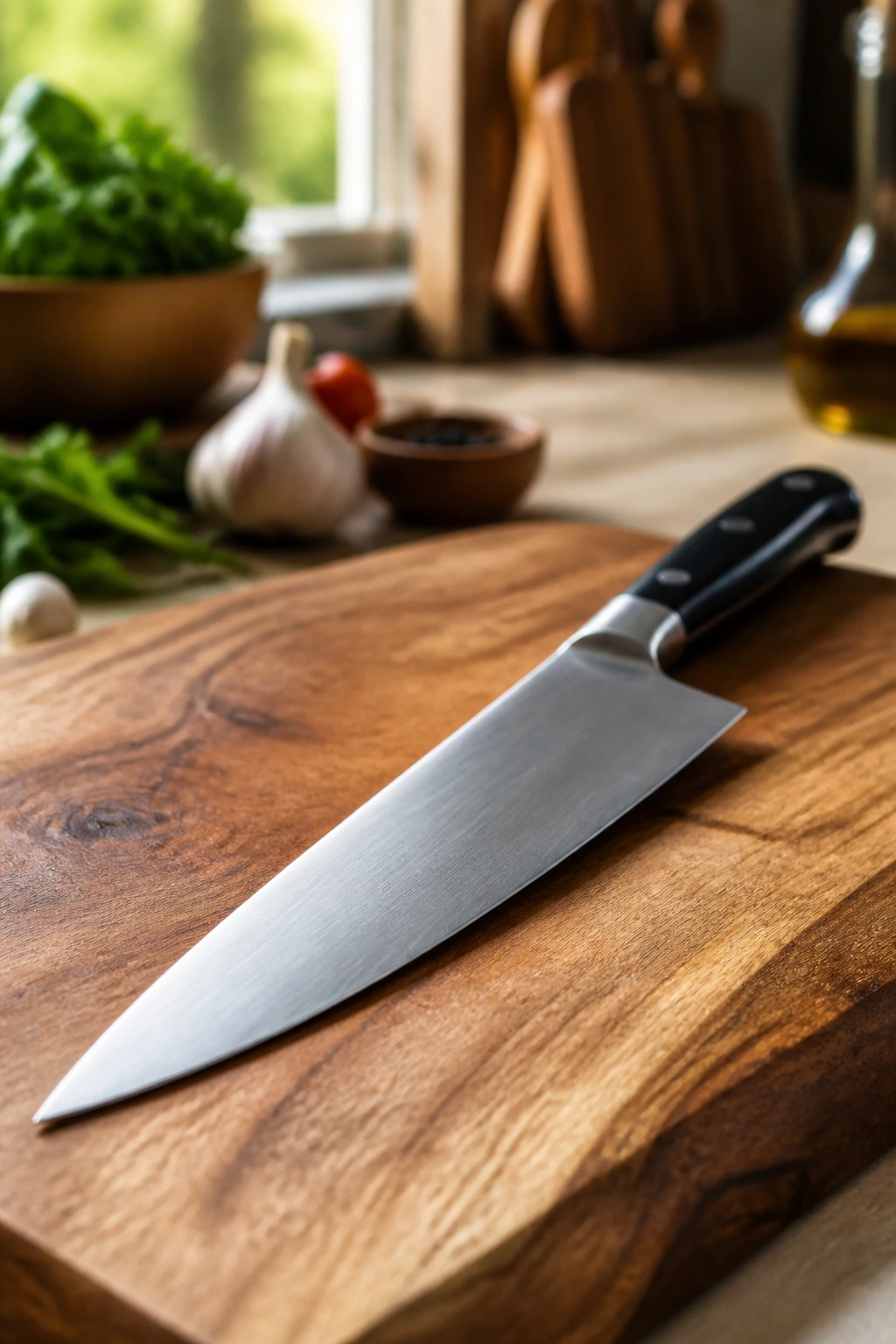 Sharp chef's knife on cutting board