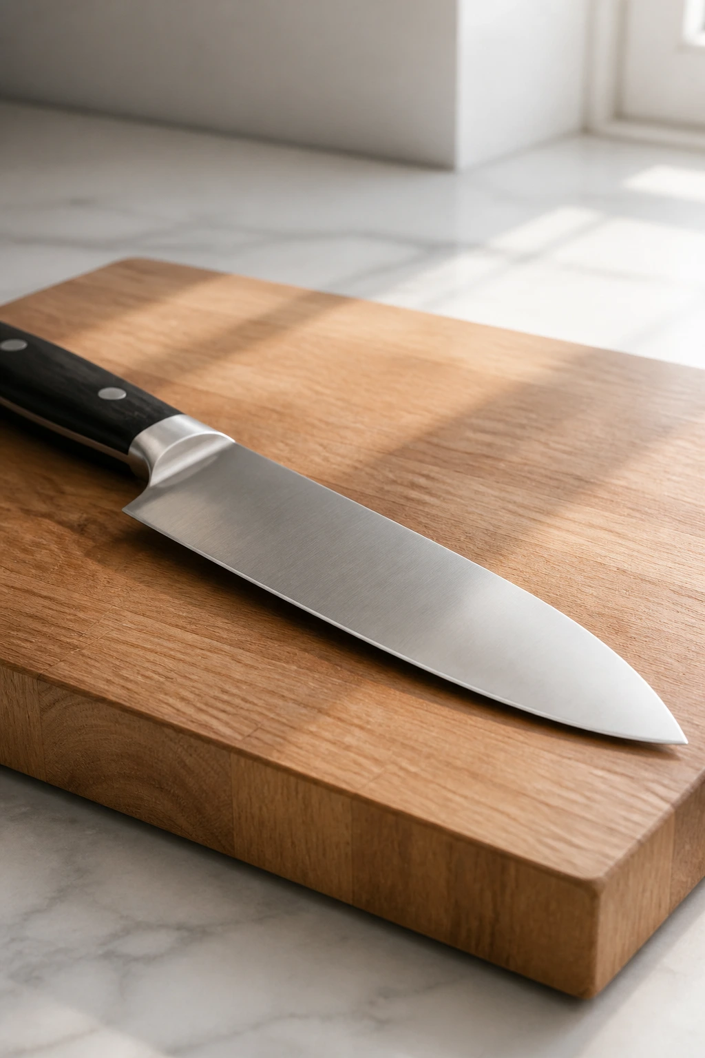 Close-up of a chef's knife on a wooden cutting board