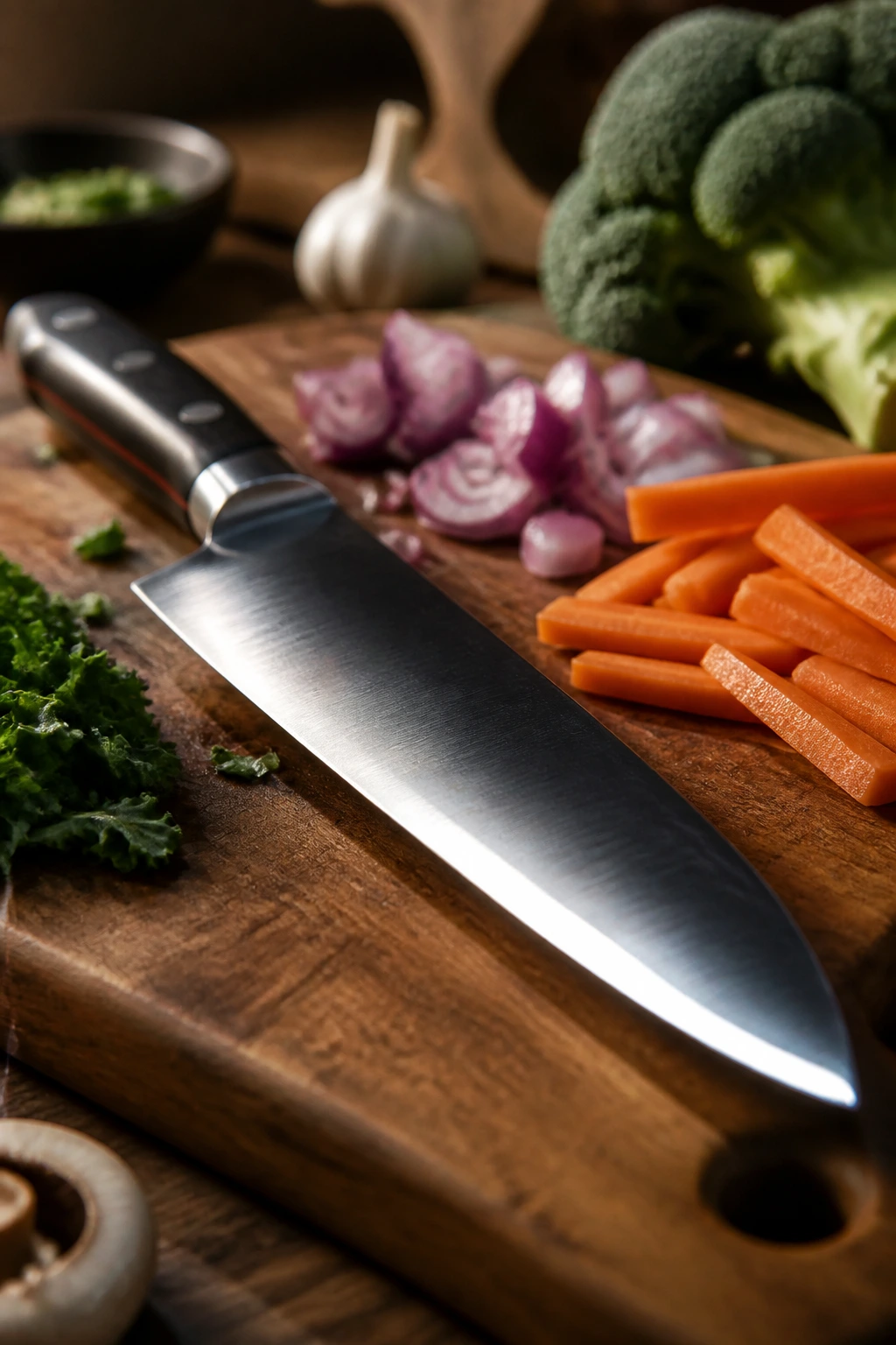 Close-up of a chef's knife on a cutting board with chopped vegetables