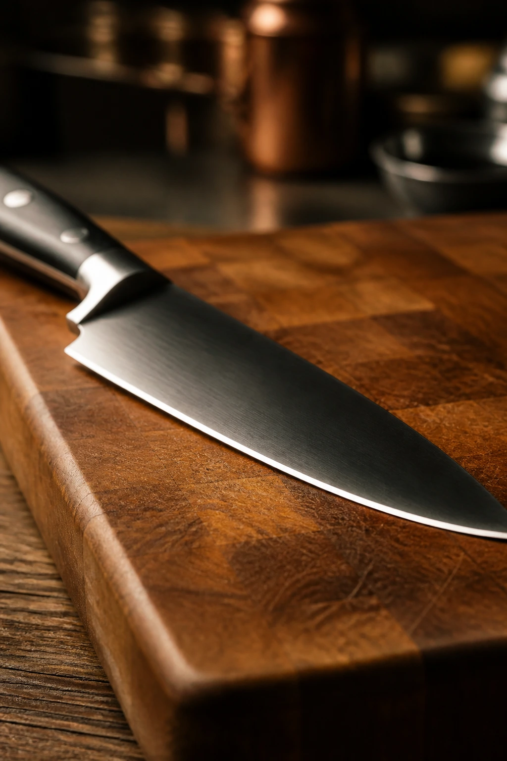 Close-up of a chef's knife on a cutting board