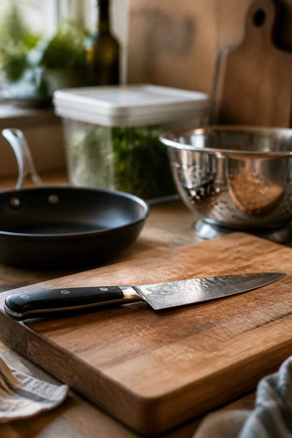 Chef's knife on cutting board with kitchen tools in soft focus background.