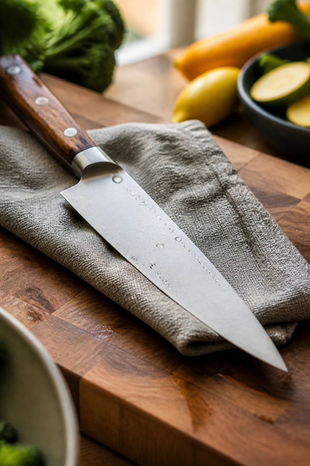 Chef’s knife on cutting board, representing essential kitchen equipment.