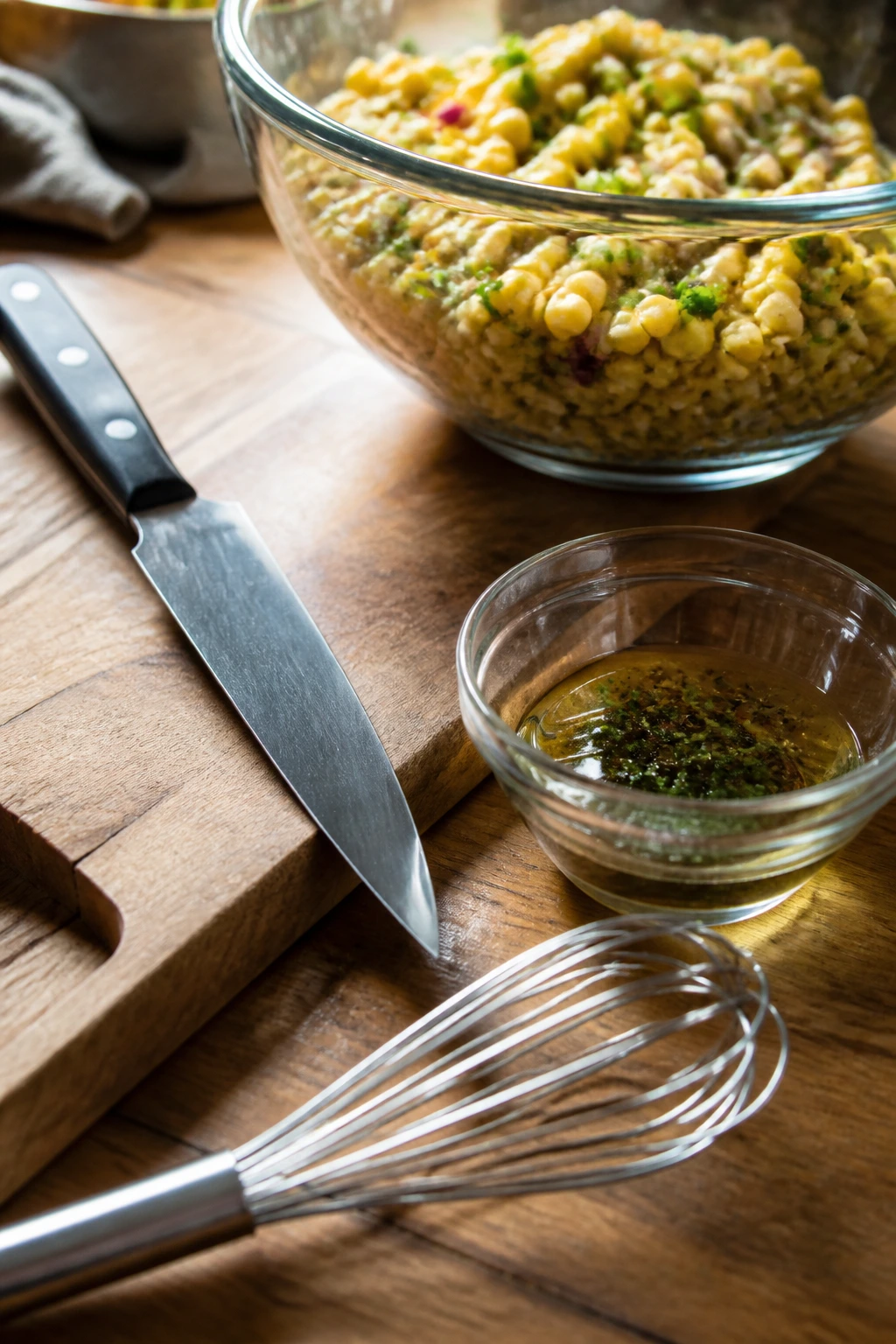 Close-up of essential salad prep tools on a wooden counter