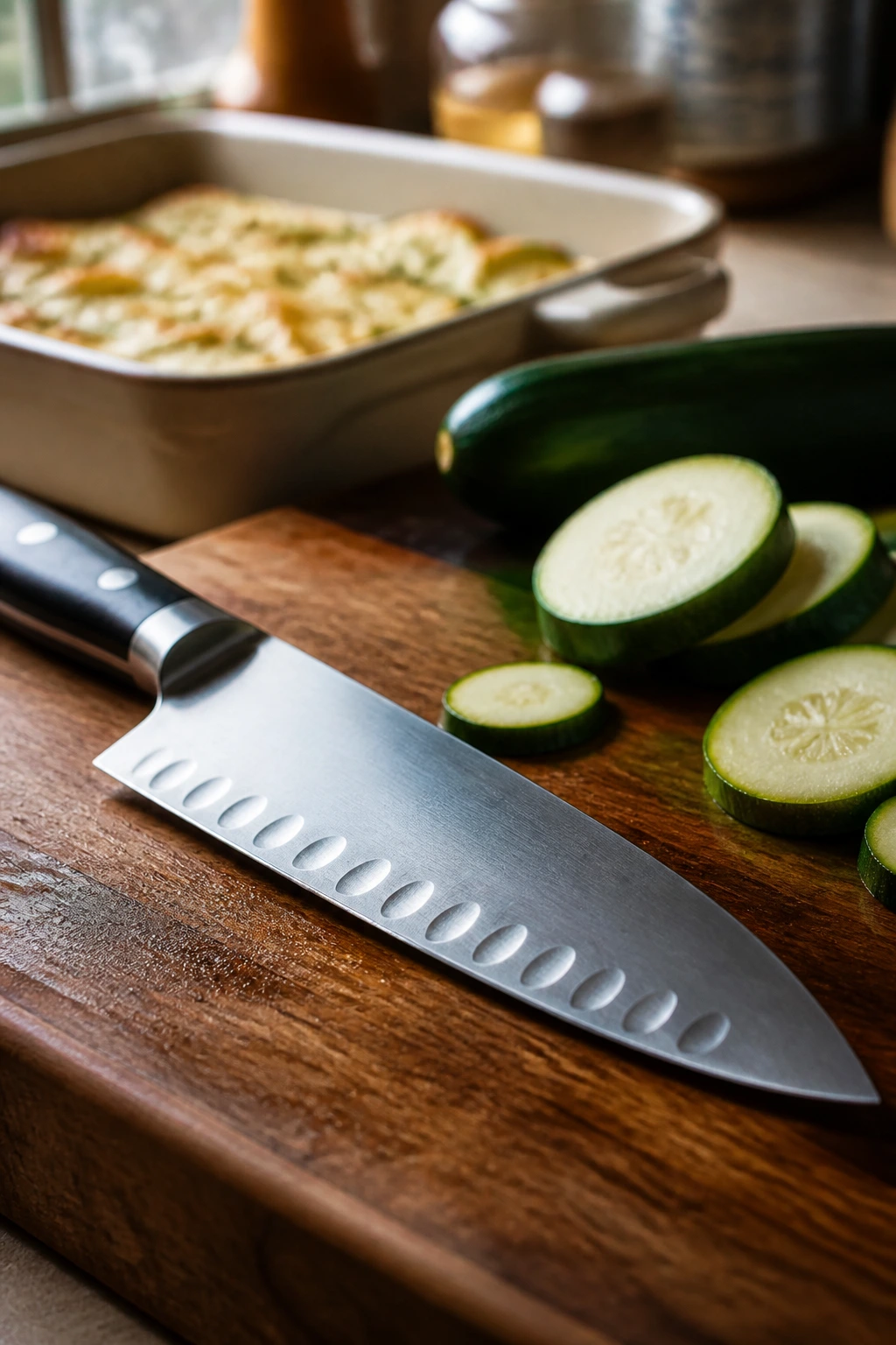 Chef's knife on cutting board with blurred baking dish in kitchen
