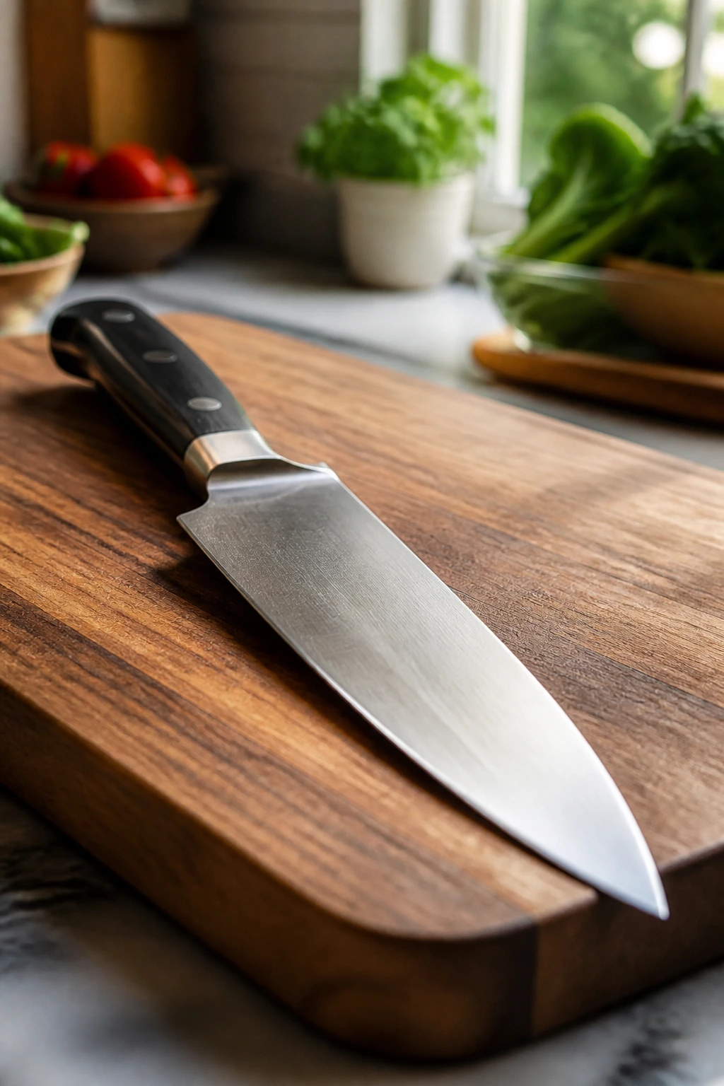 Close-up of a sharp chef's knife on a cutting board