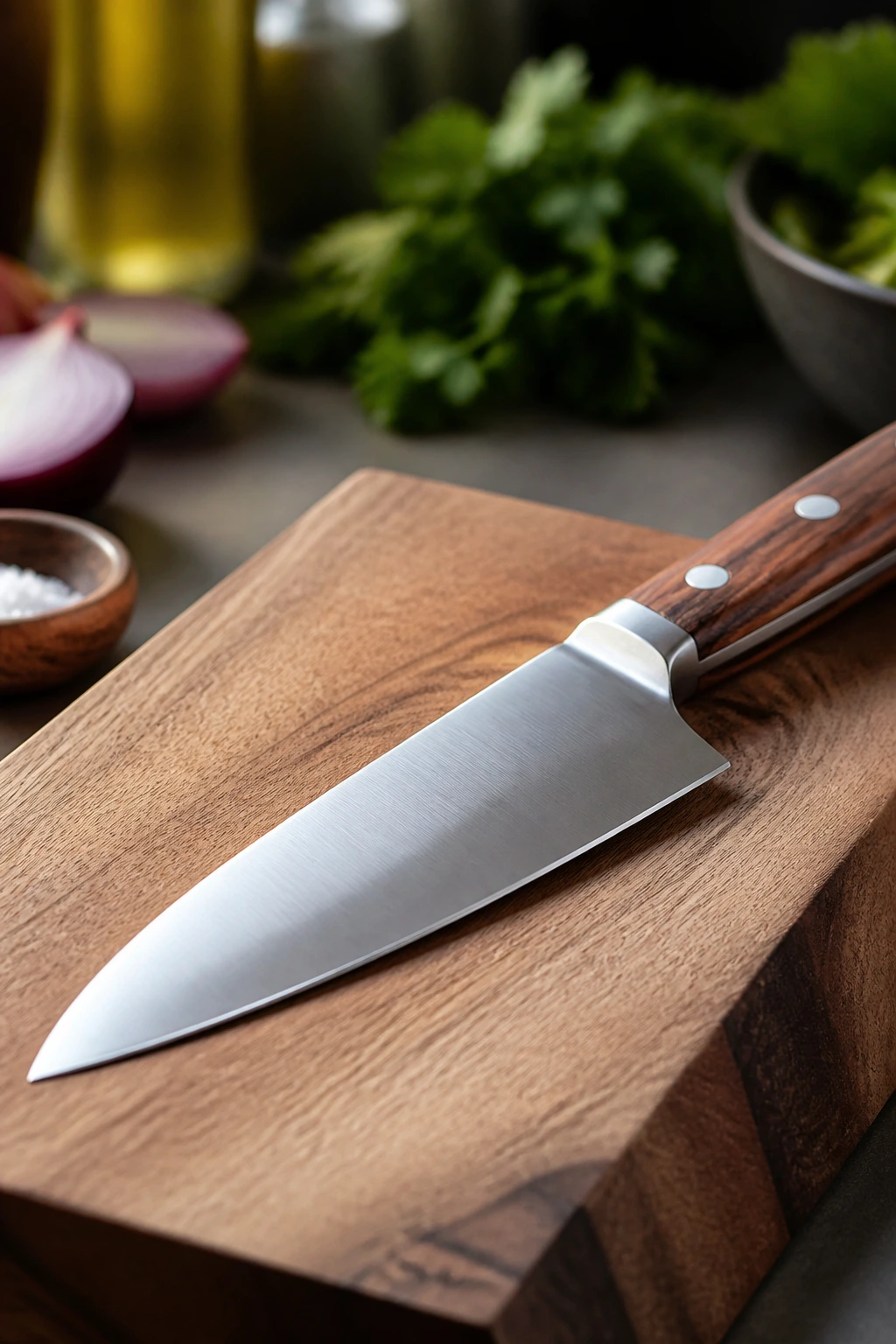 Close-up of a sharp chef's knife on a cutting board, highlighting prep tools