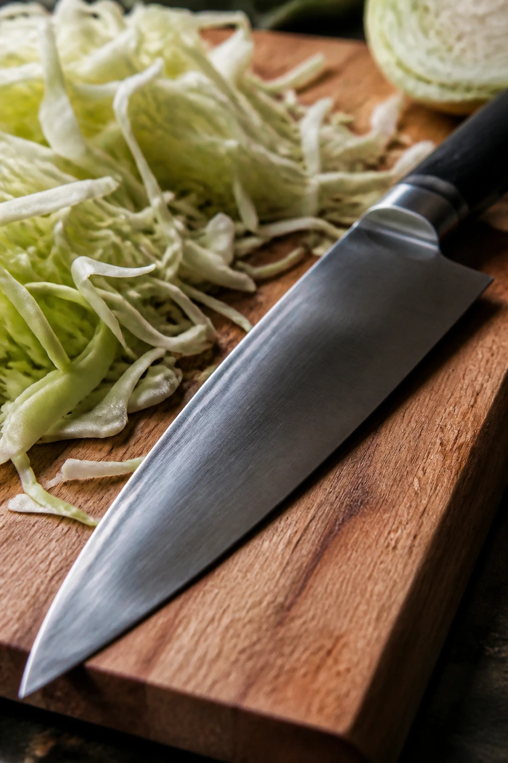 Chef's knife on cutting board with shredded cabbage for slaw prep