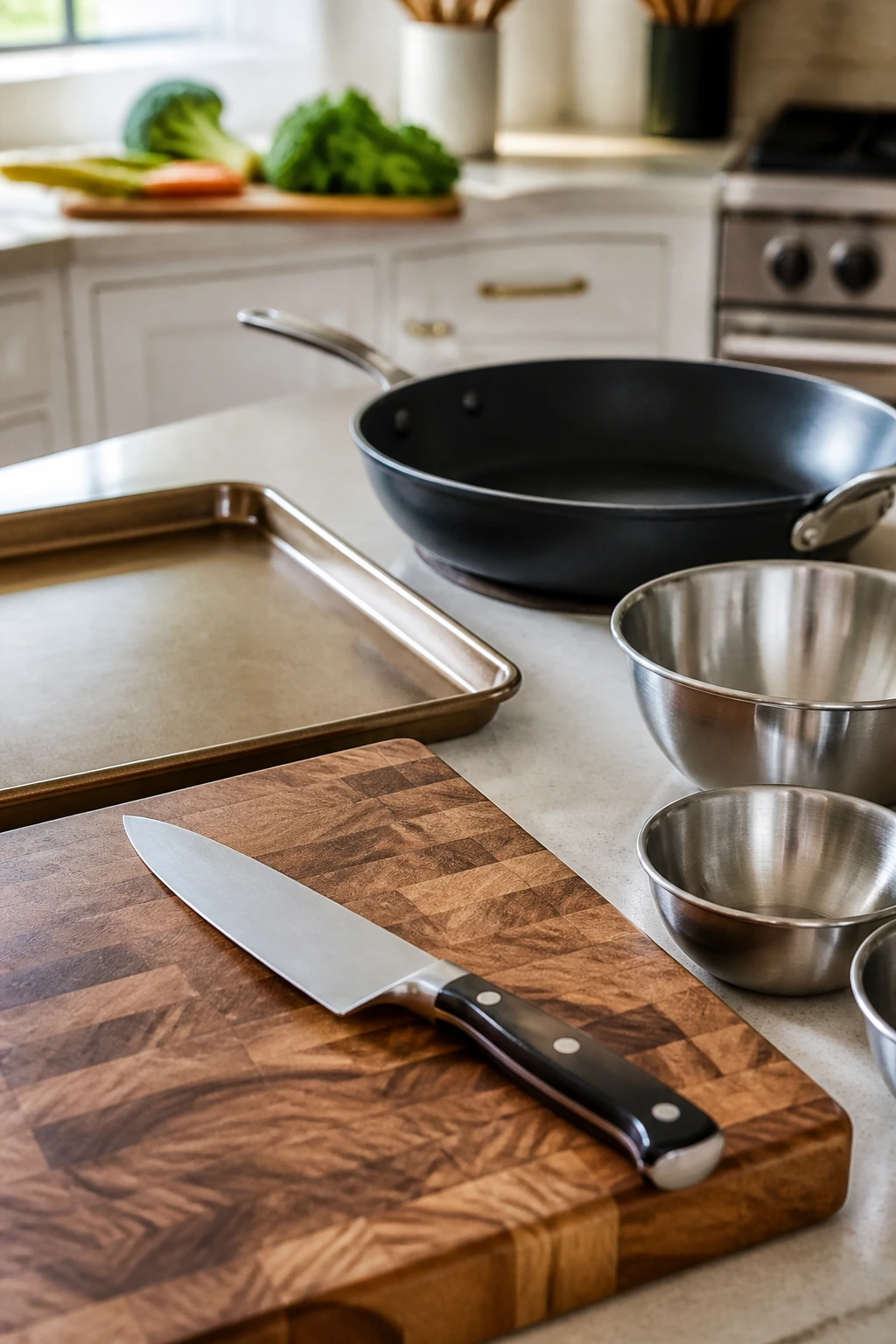 Close-up of knife, cutting board, sheet pan, skillet, and bowls on a kitchen counter