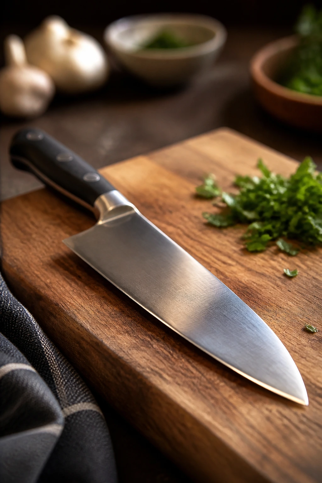 Close-up of a chef's knife on a cutting board in a kitchen