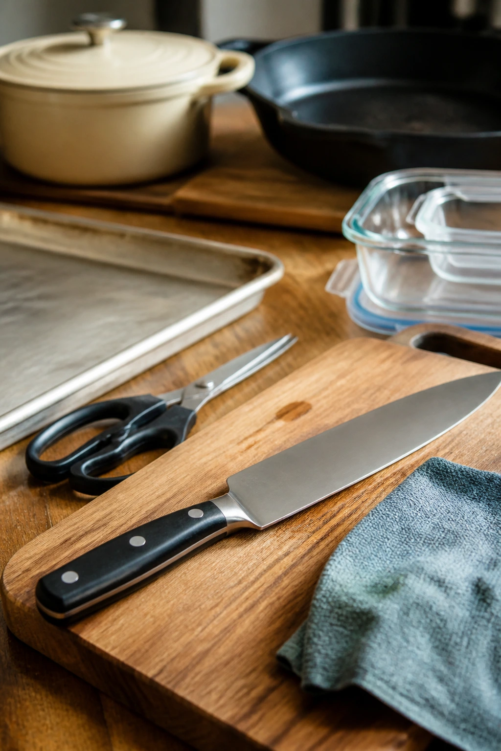 Kitchen tools arranged on a wooden counter