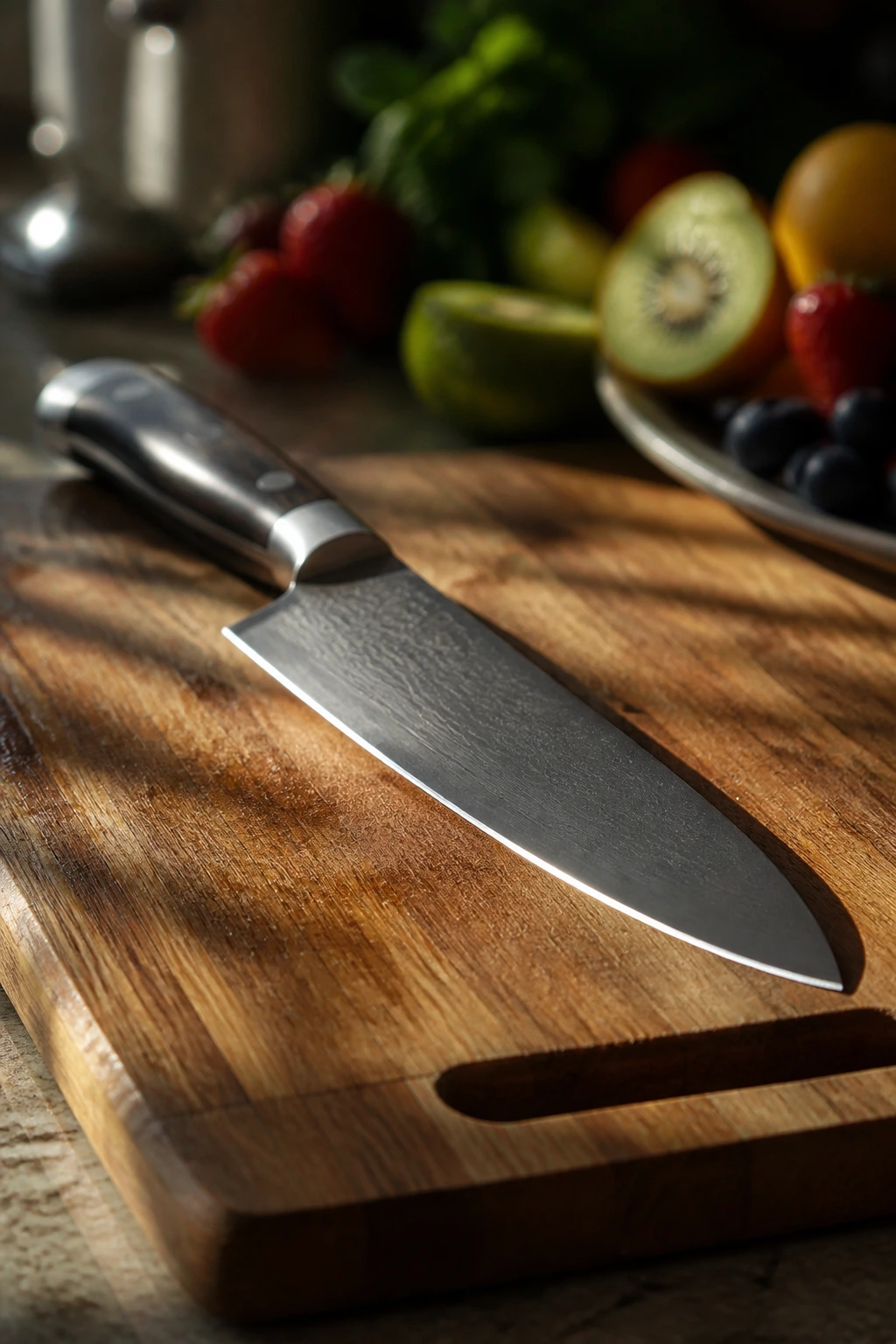 Close-up of a sharp chef's knife on a cutting board in a kitchen.