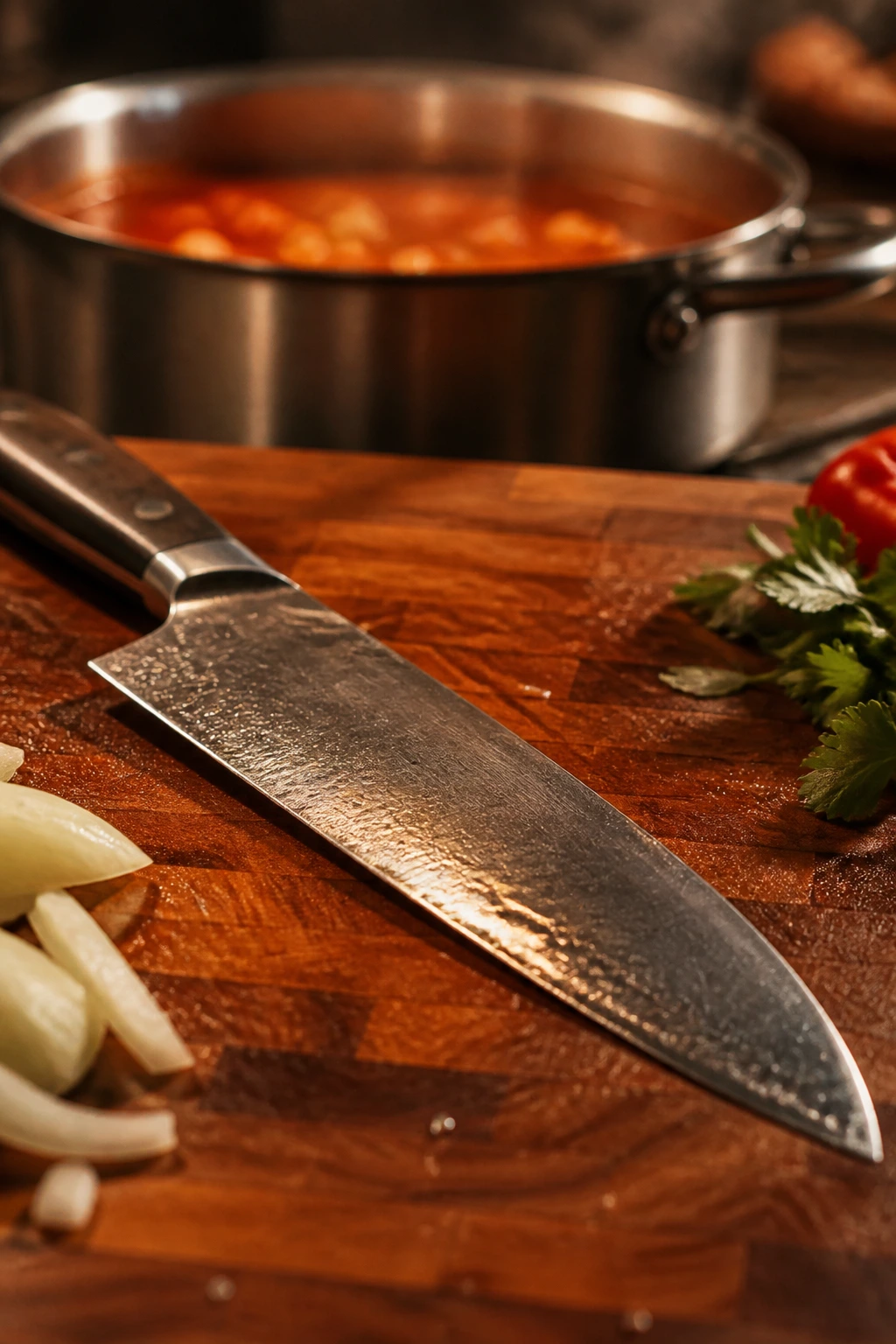 Close-up of a sharp chef knife on a wooden cutting board with a blurred soup pot in the background.