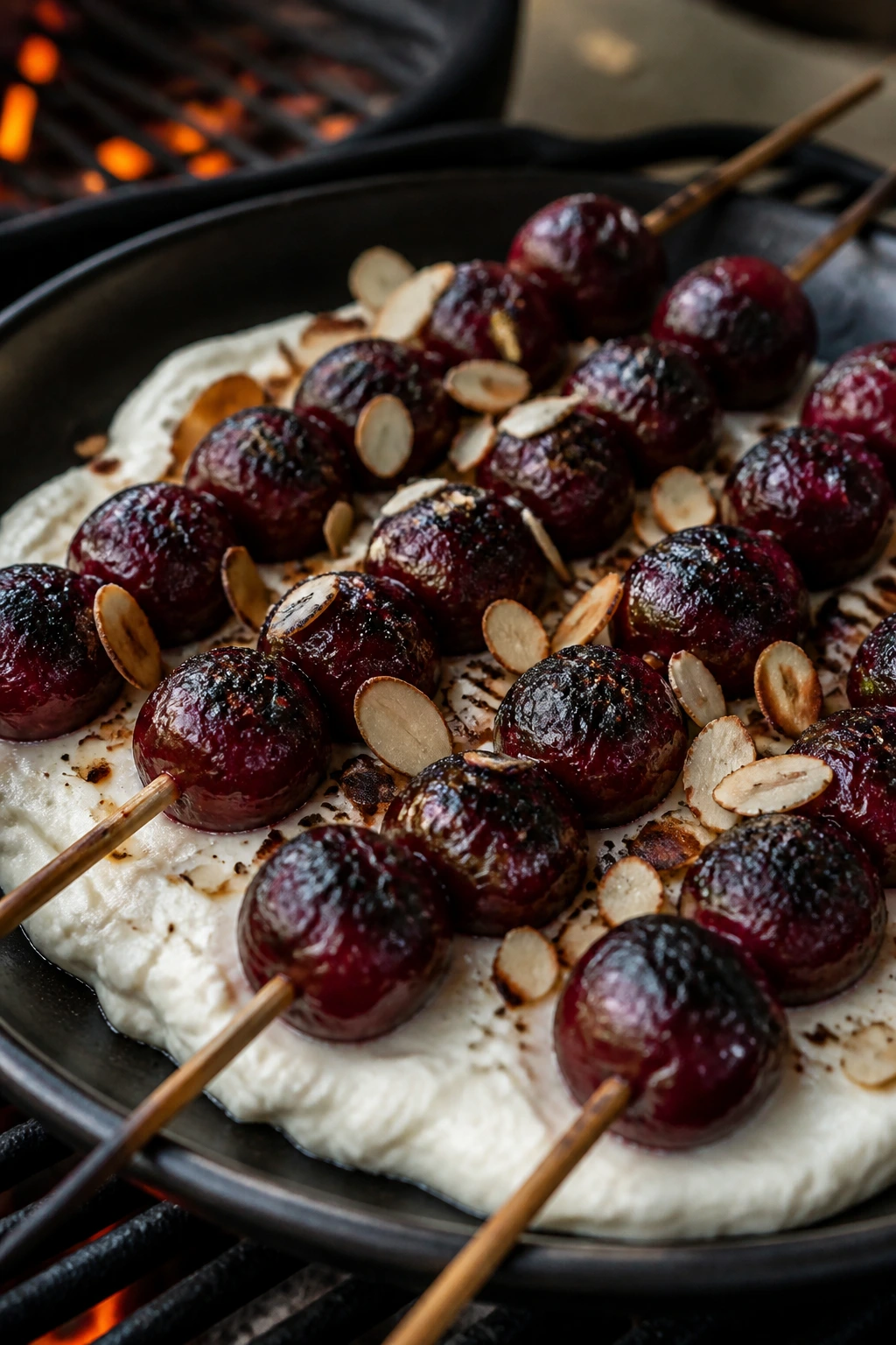 Charred cherry skewers over almond cream outdoors