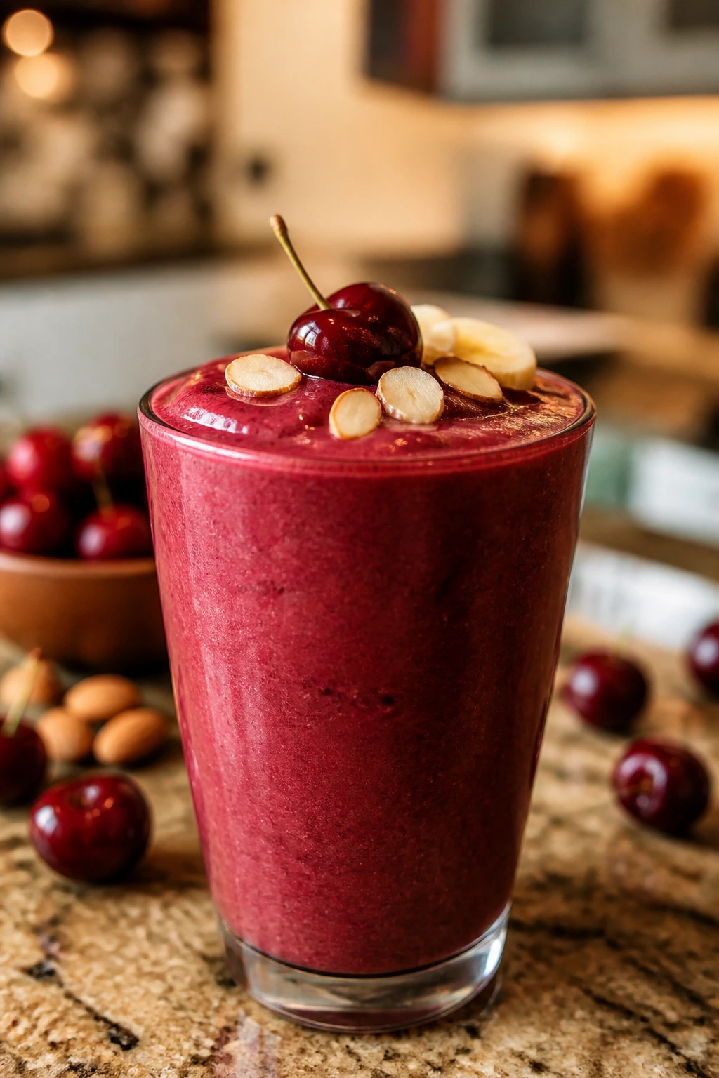 Deep red cherry almond amaretto-style smoothie in glass on warm counter
