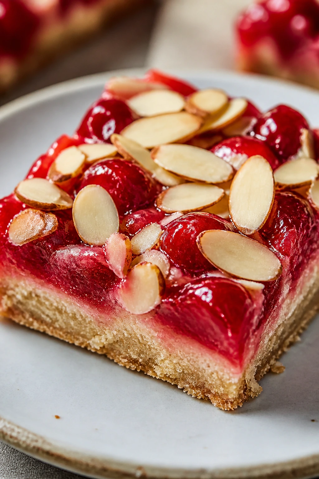 Close-up of Cherry Almond Bars with glossy cherry layer and almond topping