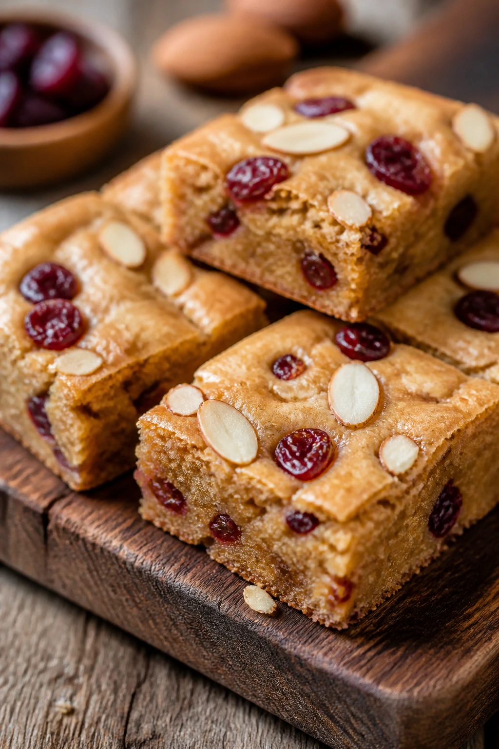 Cherry almond blondies with visible cherries and almonds on a wooden board