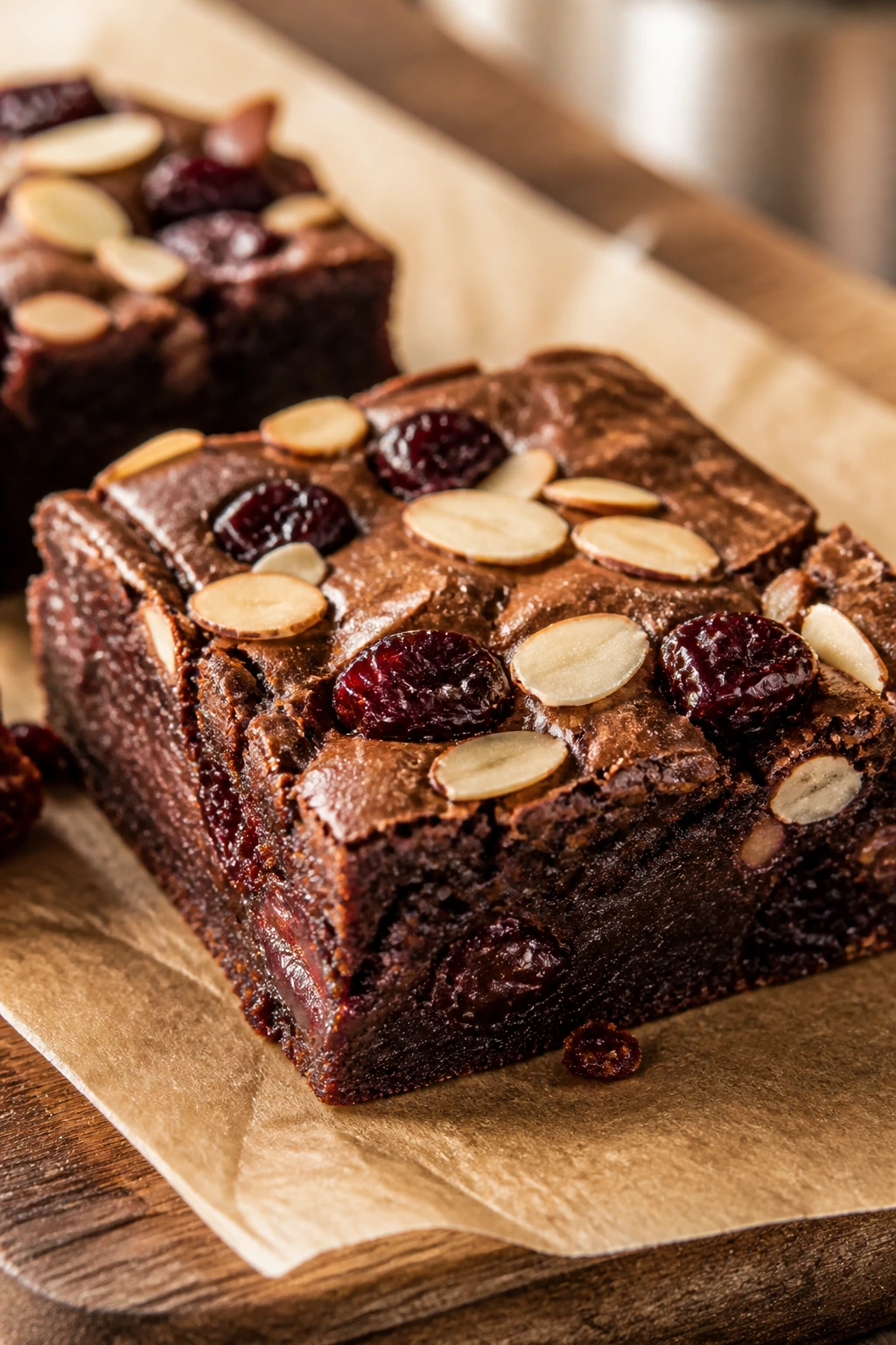 Close-up of Cherry Almond Brownies with cherries and almonds on top
