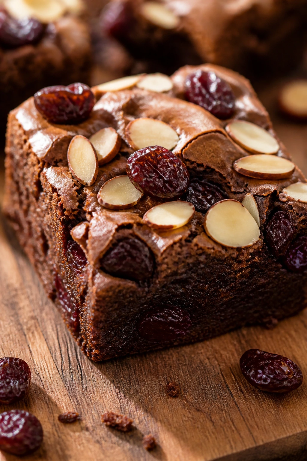 Brownie with dried cherries and almonds on wooden board