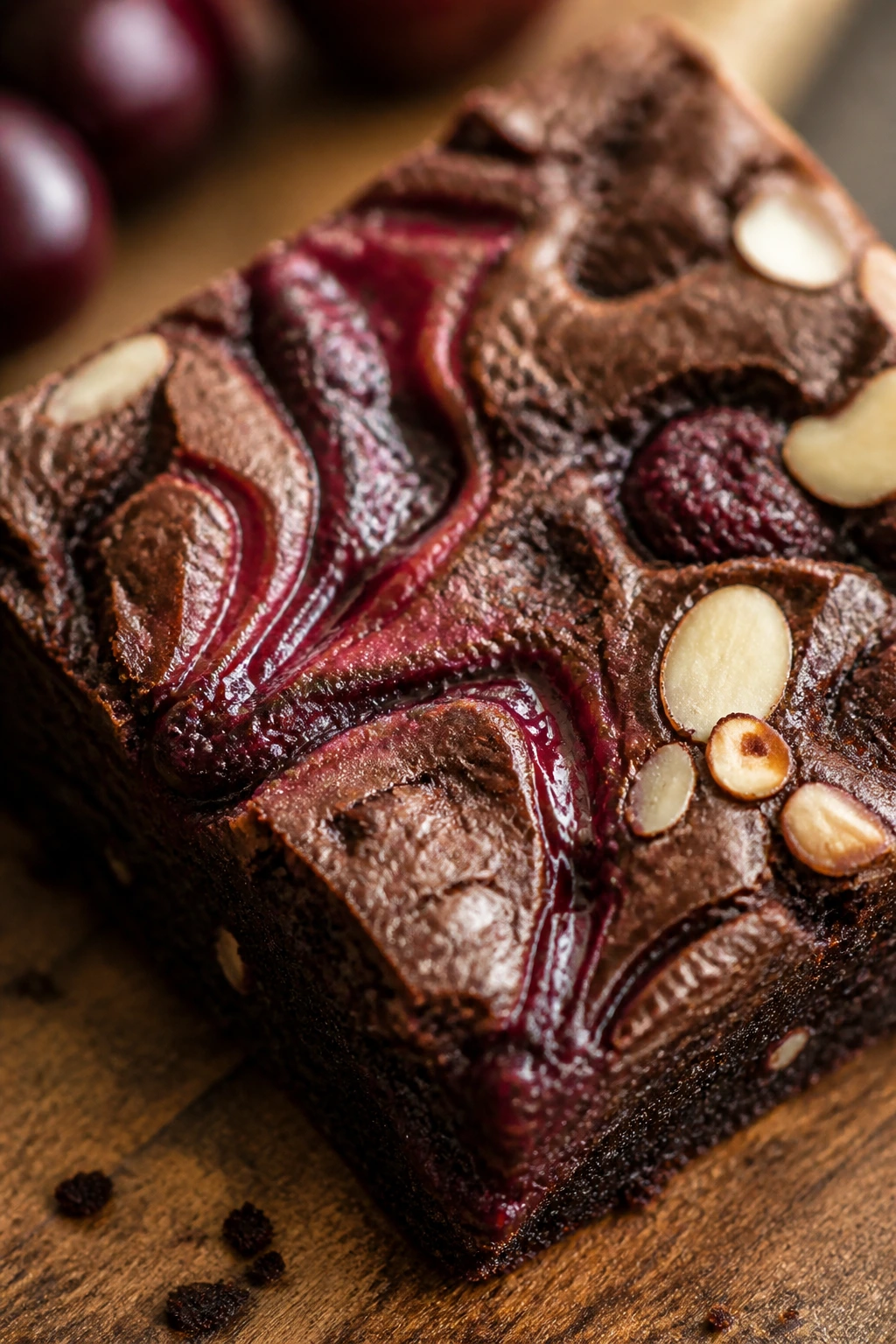 Close-up of a cherry almond swirl brownie on a wooden board