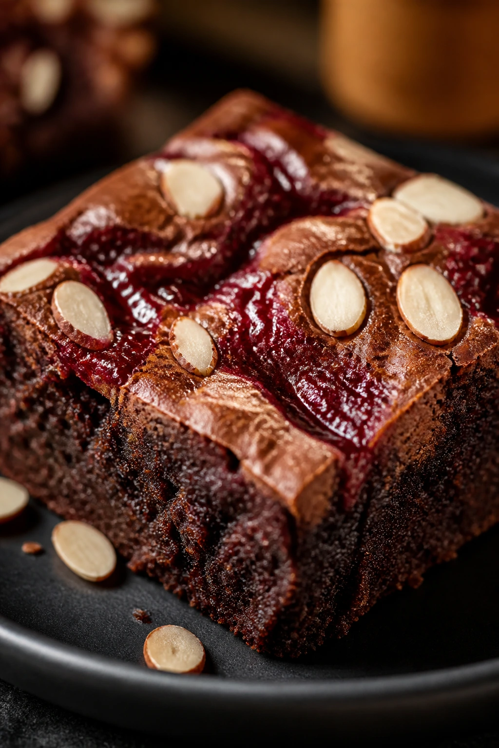 Close-up of cherry almond brownie with cherry swirl and almond slices