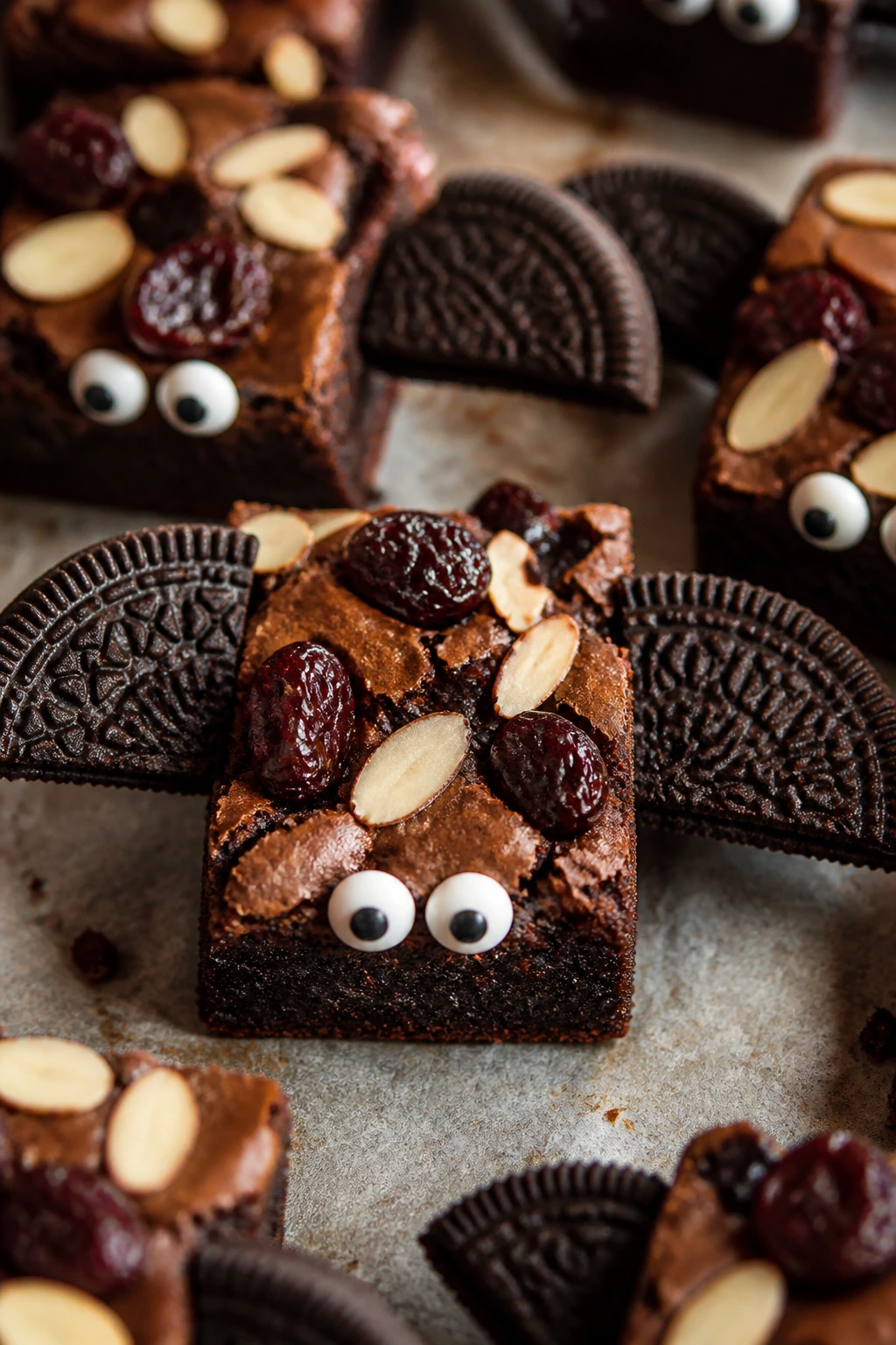 Cherry and almond bat brownies with Oreo wings and candy eyes