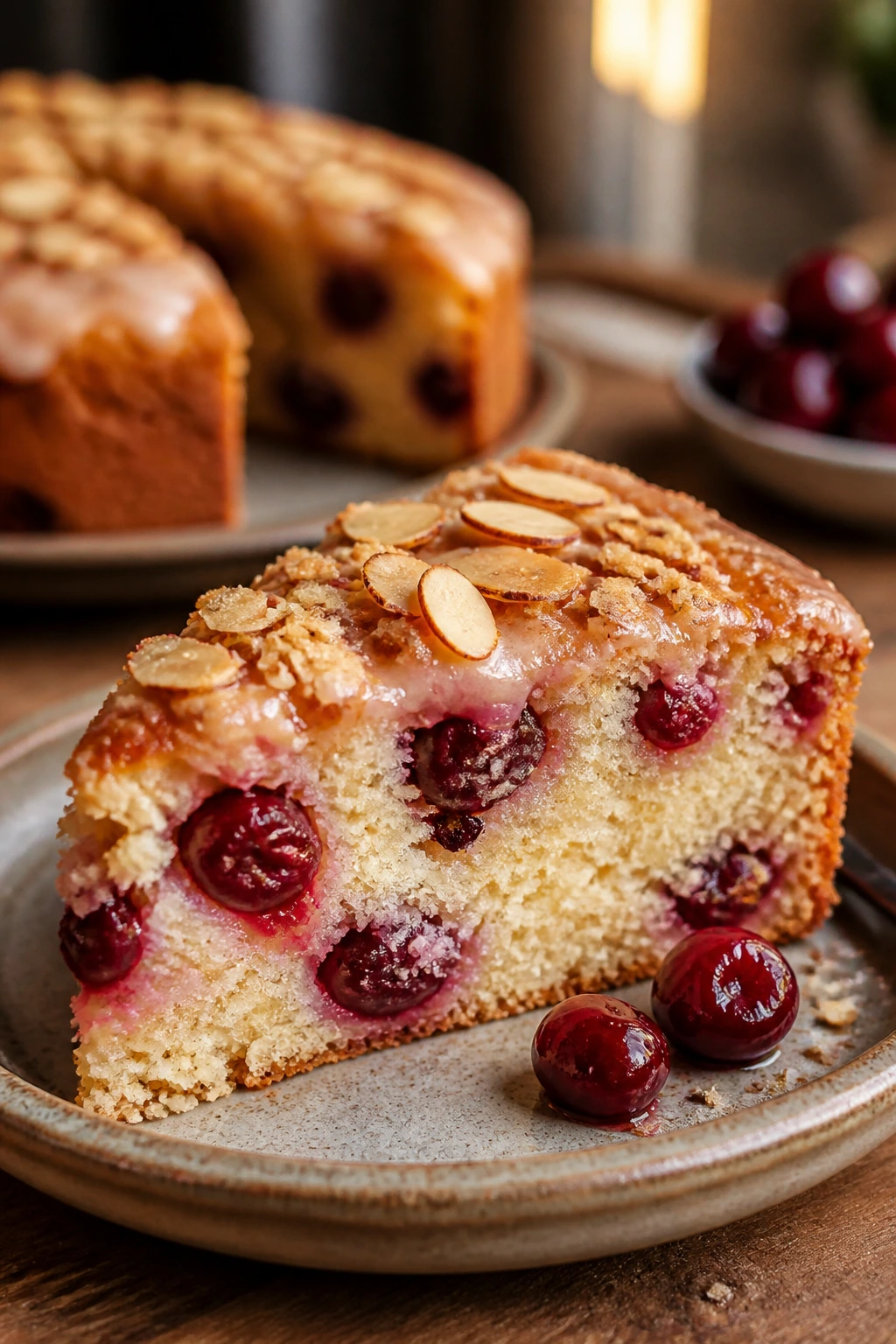 Slice of cherry almond cake on a rustic plate
