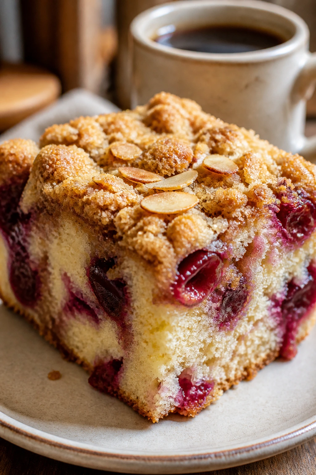 Close-up of cherry almond coffee cake slice with visible cherries and streusel