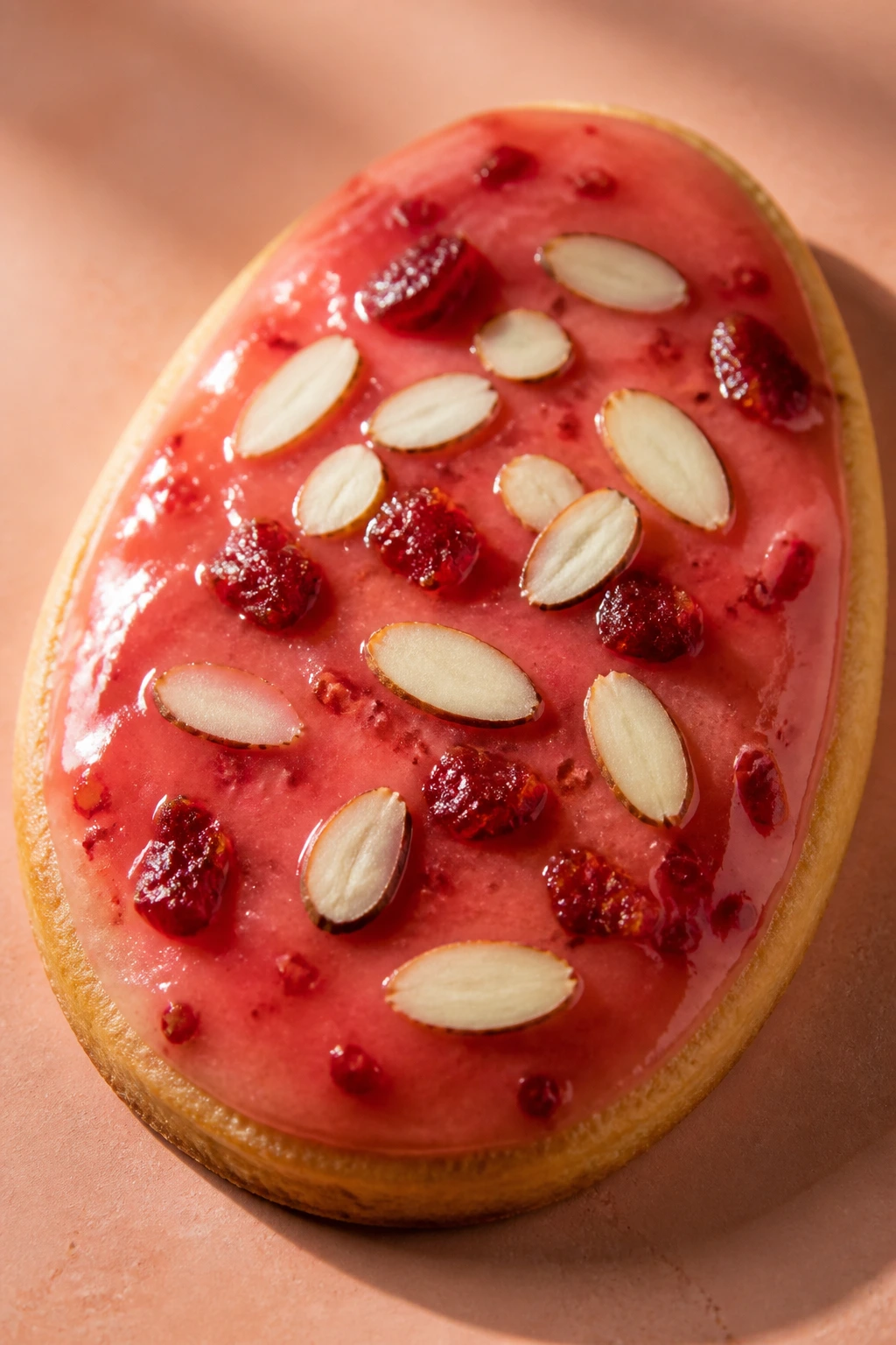 Close-up of cherry almond Easter egg cookie with glossy cherry glaze center