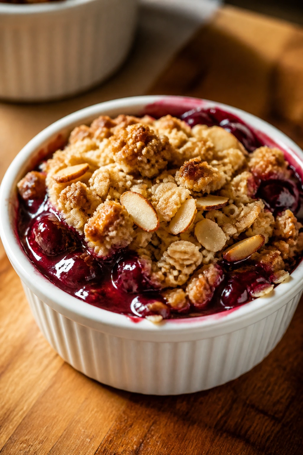 Close-up of a cherry almond crisp cup in a ramekin with oat topping