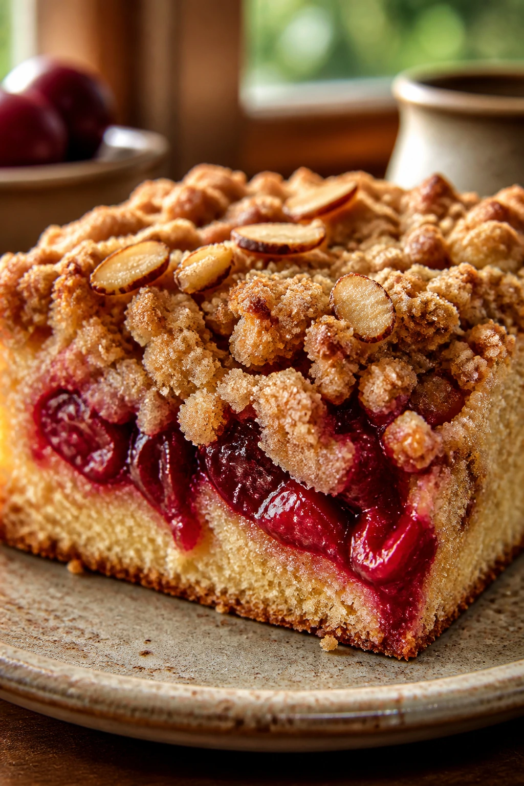 Close-up of cherry almond crumb cake slice