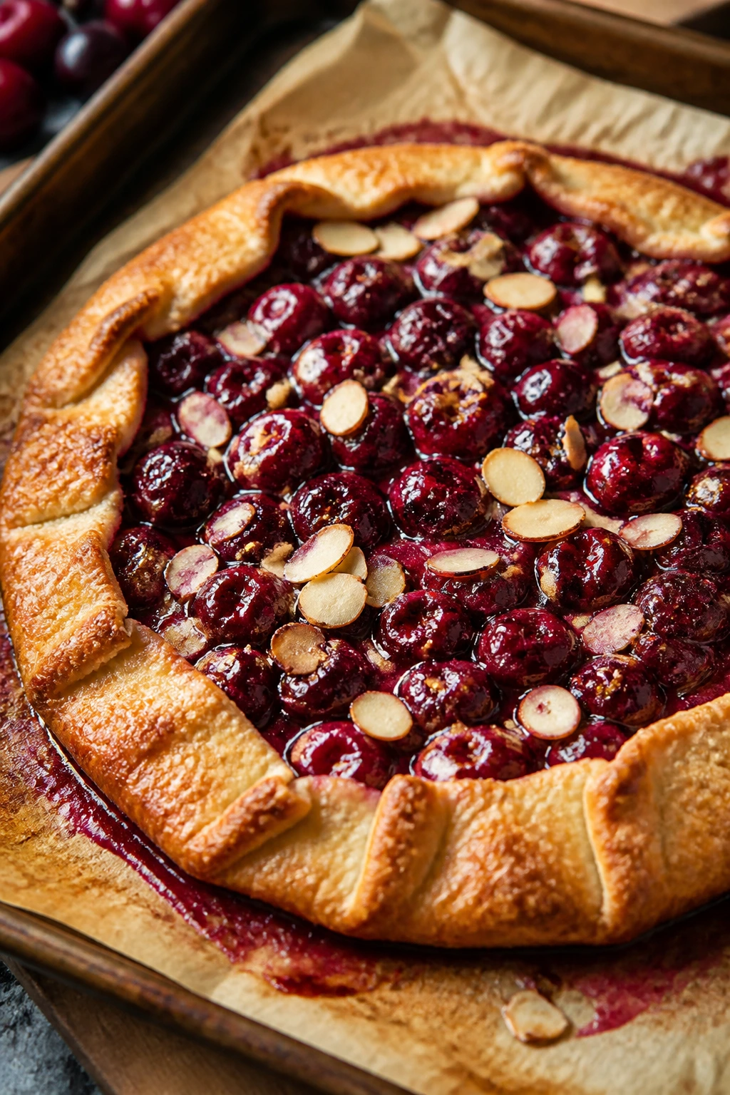 Close-up of cherry almond galette with golden crust